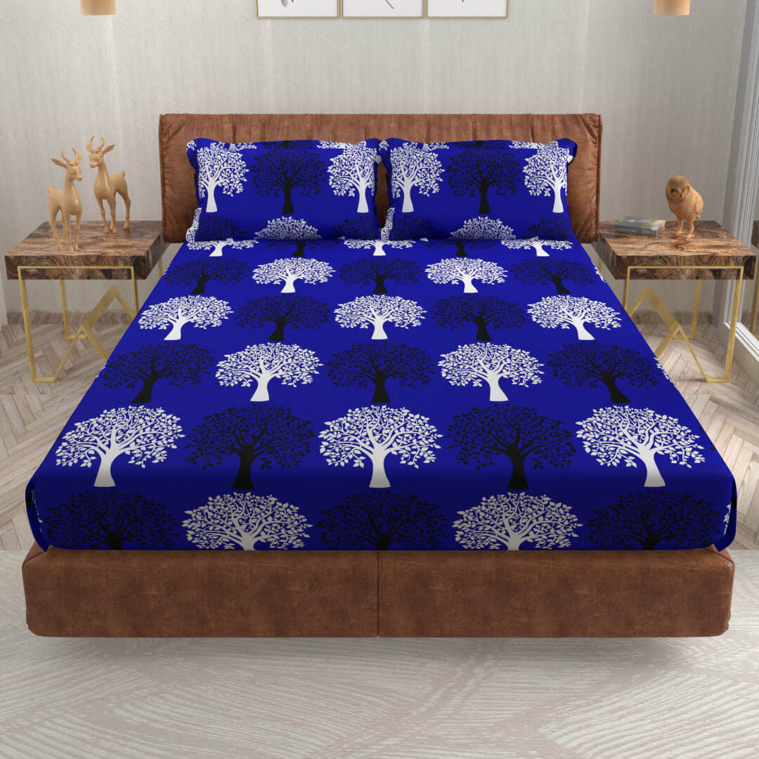 buy ink blue nature tree super king size cotton bedsheets online – front view